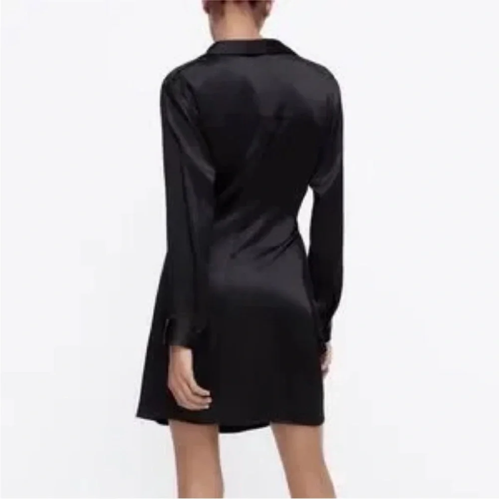 Zara Black Satin Long Sleeve Wrap Collared Short‎ Dress Size XS